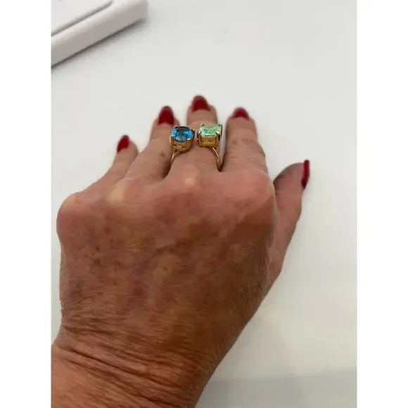 14k Gold Two Stone Ring London Blue Mint Green Spinel Negative Space Adjustable - Picture 8 of 10